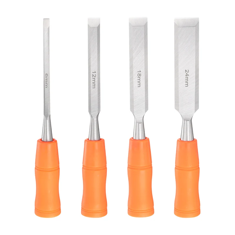 4pcs Wood Chisel Set Beveled Edge Blade Wood Working Flat Chisel with Handle