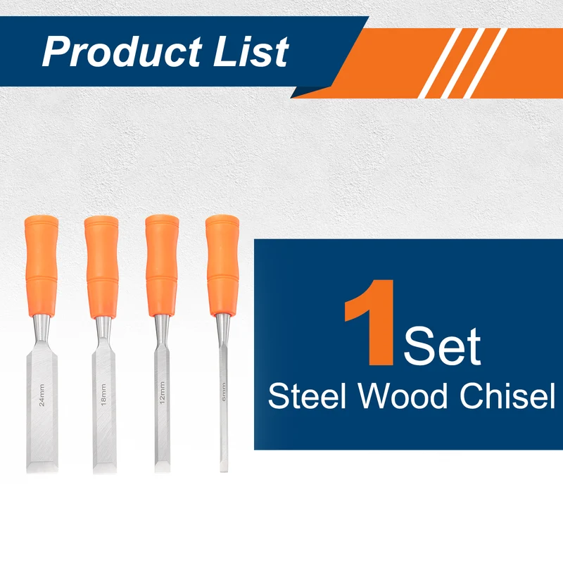 4pcs Wood Chisel Set Beveled Edge Blade Wood Working Flat Chisel with Handle
