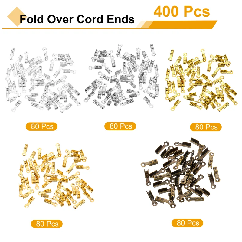 400 Pcs Fold Over Cord Ends, 8.1x1.2mm Ribbon Crimp Ends Cap (5 Colors)