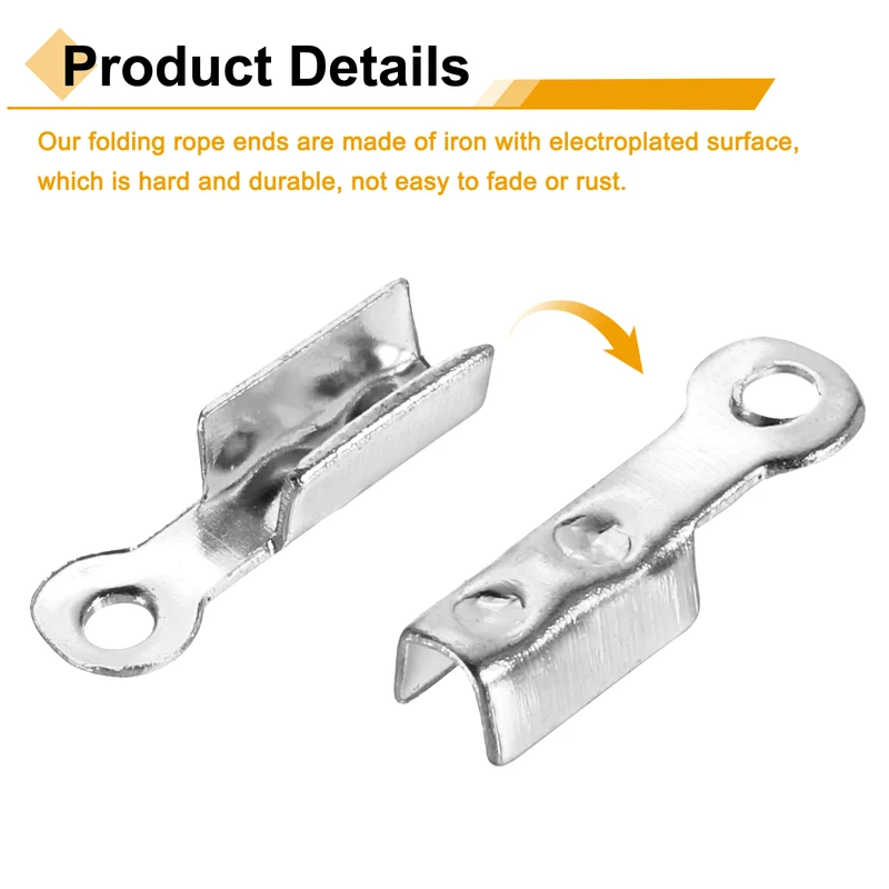 200 Pcs Fold Over Cord Ends, 8.1x1.2mm Ribbon Crimp Ends Cap (Silver)