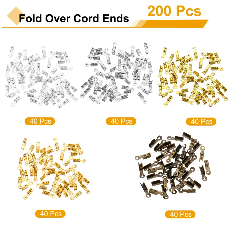 200 Pcs Fold Over Cord Ends, 8.1x1.2mm Ribbon Crimp Ends Cap (5 Colors)