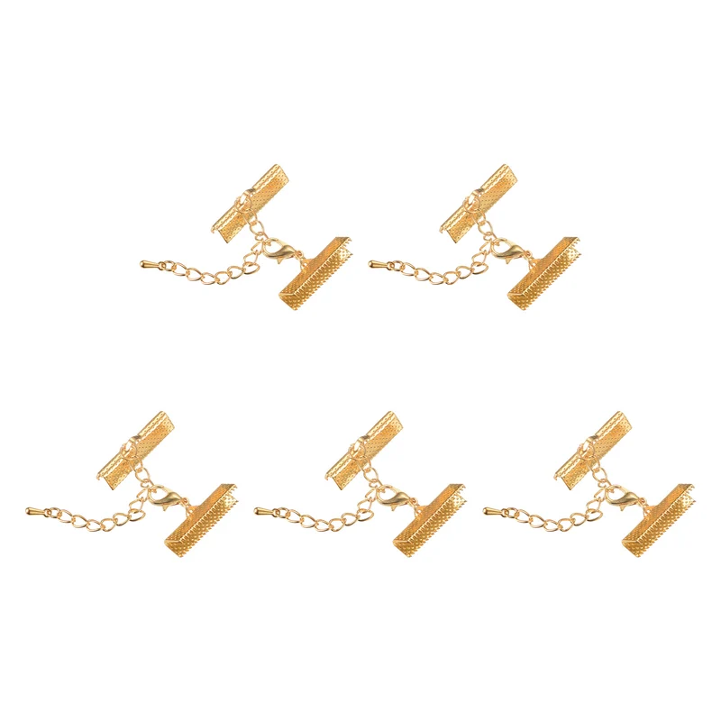 10Set Ribbon Crimp Clamp Ends with Lobster Claw Clasps & Extension Chain, 25mm Cord End Clasps for DIY Craft Making, Light Golden