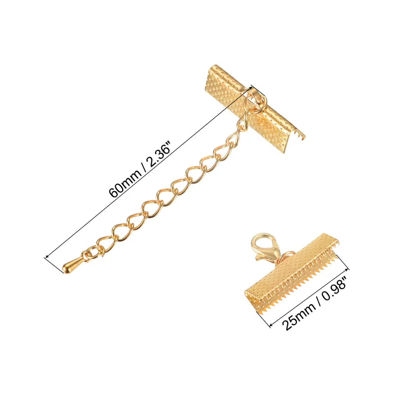 10Set Ribbon Crimp Clamp Ends with Lobster Claw Clasps & Extension Chain, 25mm Cord End Clasps for DIY Craft Making, Light Golden