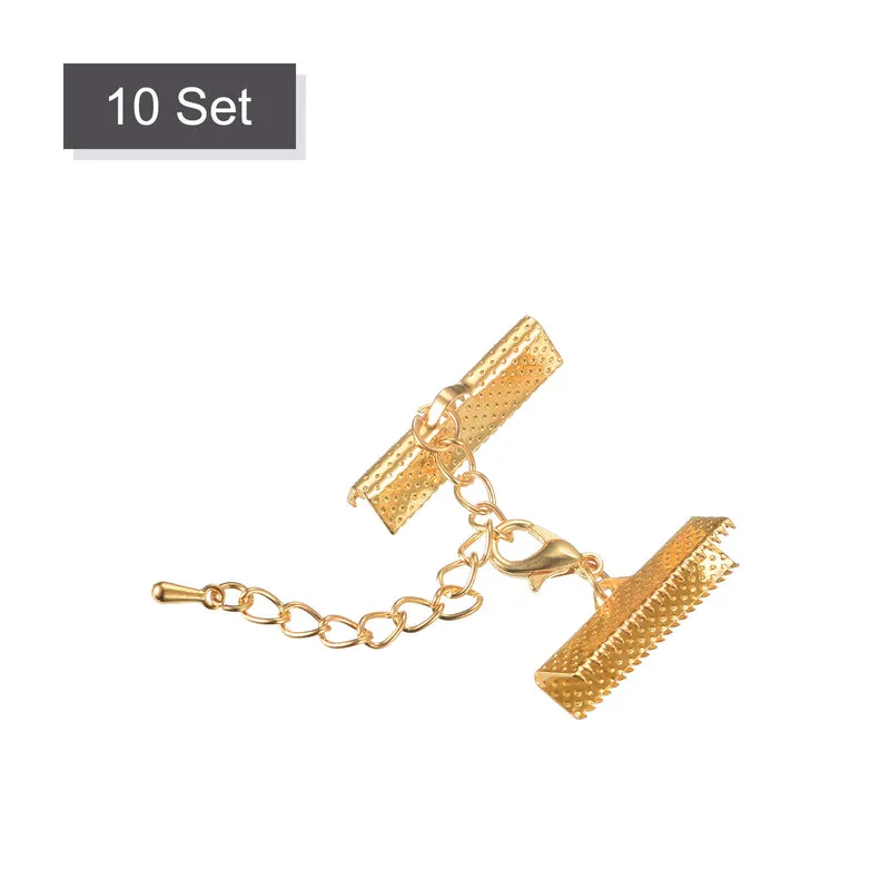 10Set Ribbon Crimp Clamp Ends with Lobster Claw Clasps & Extension Chain, 25mm Cord End Clasps for DIY Craft Making, Light Golden