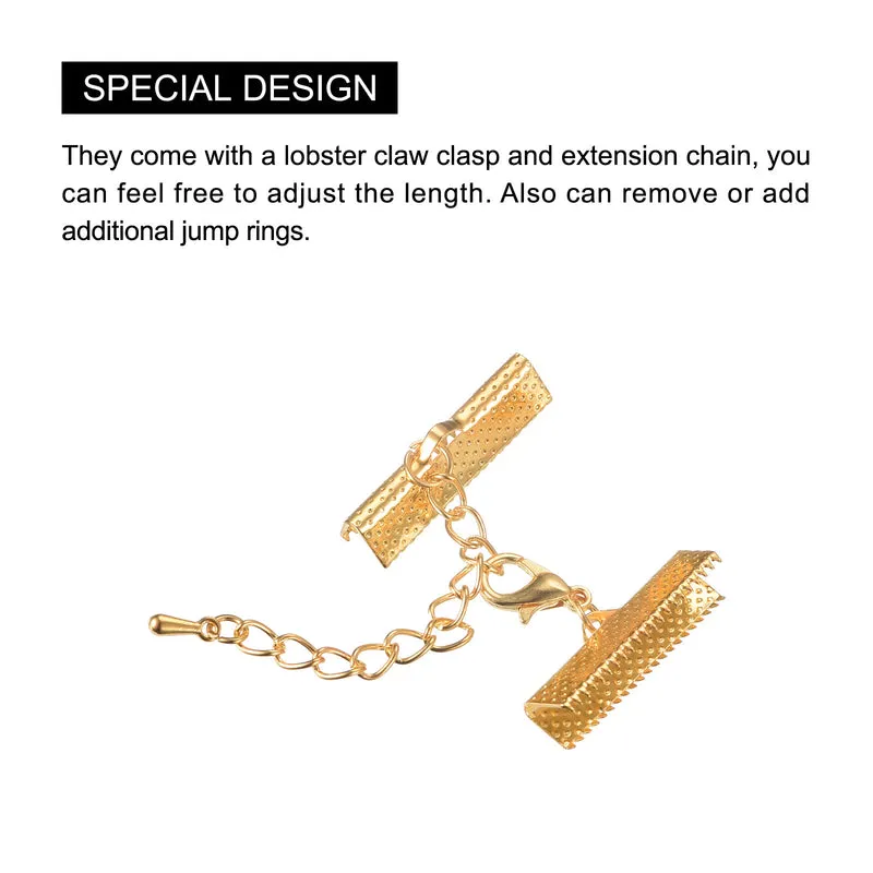 10Set Ribbon Crimp Clamp Ends with Lobster Claw Clasps & Extension Chain, 25mm Cord End Clasps for DIY Craft Making, Light Golden