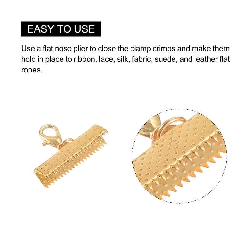 10Set Ribbon Crimp Clamp Ends with Lobster Claw Clasps & Extension Chain, 25mm Cord End Clasps for DIY Craft Making, Light Golden