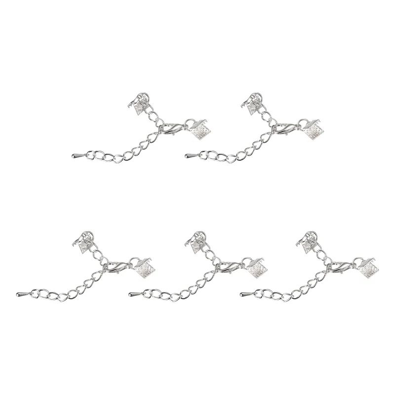 10Set Ribbon Crimp Clamp Ends with Lobster Claw Clasps & Extension Chain, 6mm Cord End Clasps for DIY Craft Making, Silver Tone