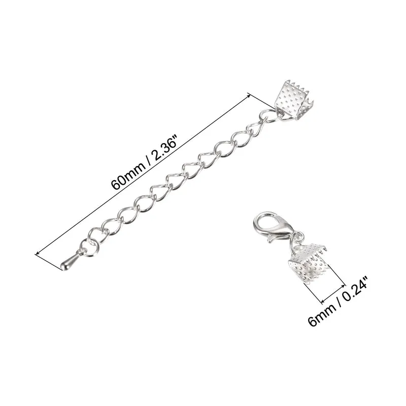 10Set Ribbon Crimp Clamp Ends with Lobster Claw Clasps & Extension Chain, 6mm Cord End Clasps for DIY Craft Making, Silver Tone