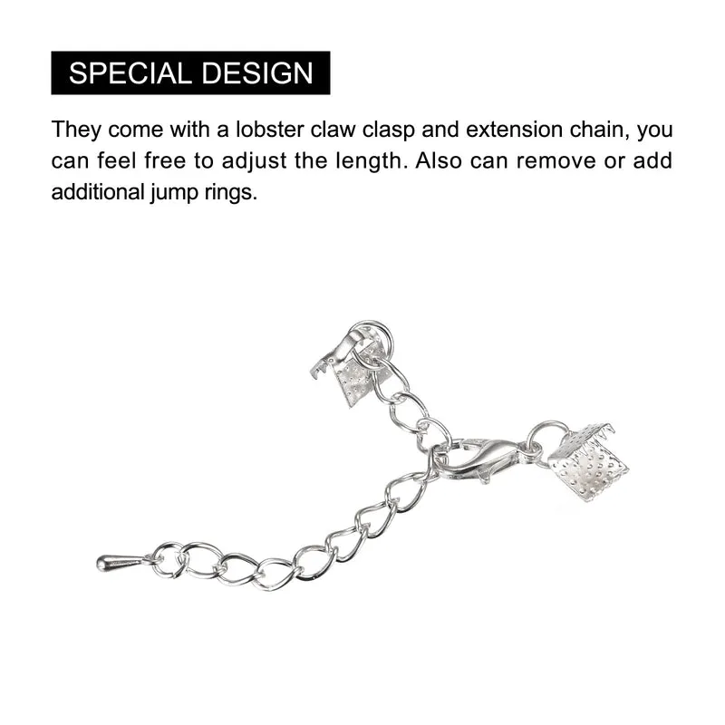 10Set Ribbon Crimp Clamp Ends with Lobster Claw Clasps & Extension Chain, 6mm Cord End Clasps for DIY Craft Making, Silver Tone