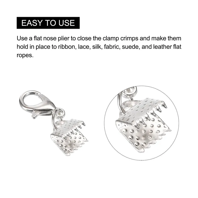 10Set Ribbon Crimp Clamp Ends with Lobster Claw Clasps & Extension Chain, 6mm Cord End Clasps for DIY Craft Making, Silver Tone