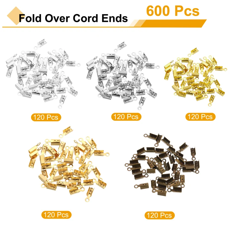 600 Pcs Fold Over Cord Ends, 10.2x2.5mm Ribbon Crimp Ends Cap (5 Colors)