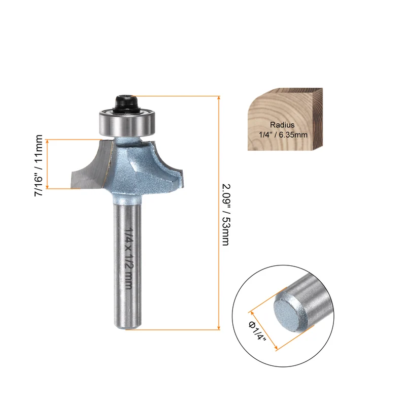 2pcs Roundover Router Bit 1/4 Shank 1/4" Radius Tungsten Steel Tip Light Blue