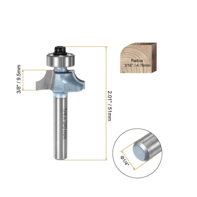 2pcs Roundover Router Bit 1/4 Shank 3/16" Radius Tungsten Steel Tip Light Blue