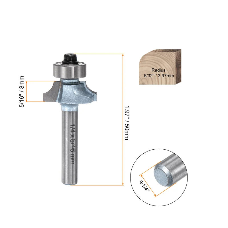 2pcs Roundover Router Bit 1/4 Shank 5/32" Radius Tungsten Steel Tip Light Blue