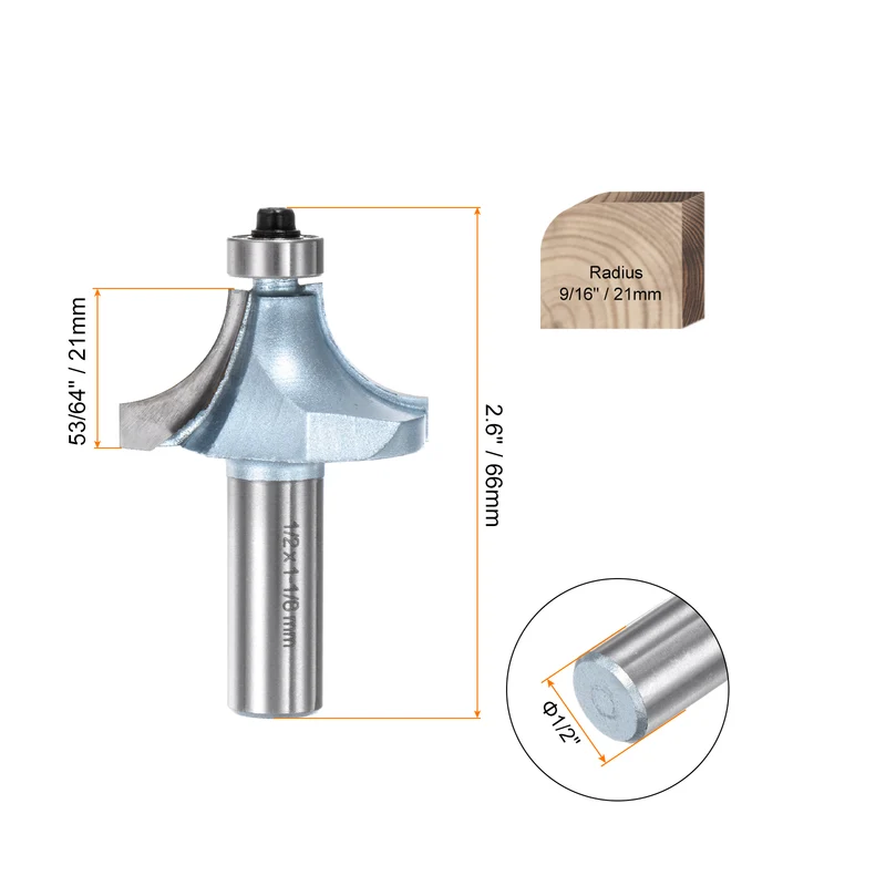 Roundover Router Bit 1/2 Shank 9/16" Radius Tungsten Steel Tip Light Blue