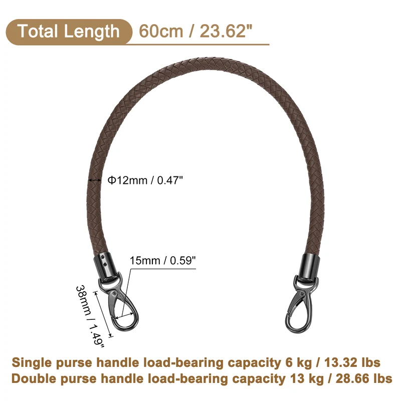 60cm Short Leather PU Braided Purse Replacement Handle Dark Coffee Black