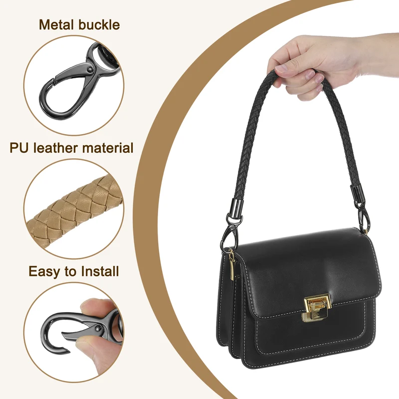 60cm Short Leather PU Braided Purse Replacement Handle - Dark Khaki, Black