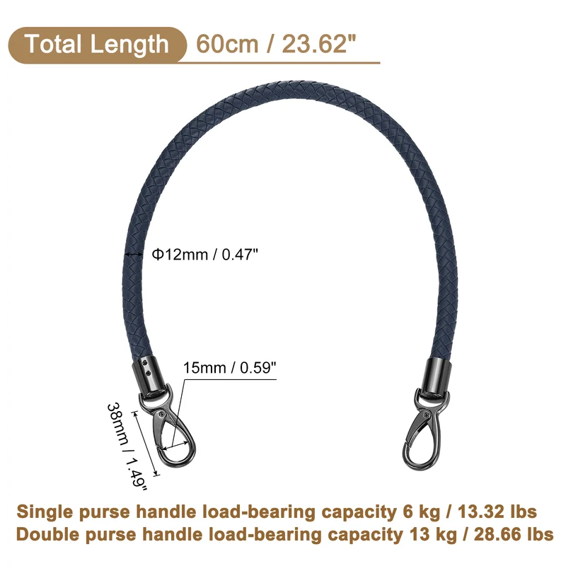 60cm Short Leather PU Braided Purse Replacement Handle - Dark Blue Black