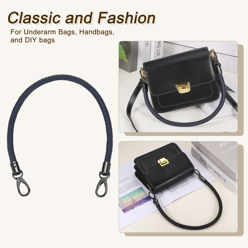 60cm Short Leather PU Braided Purse Replacement Handle - Dark Blue Black