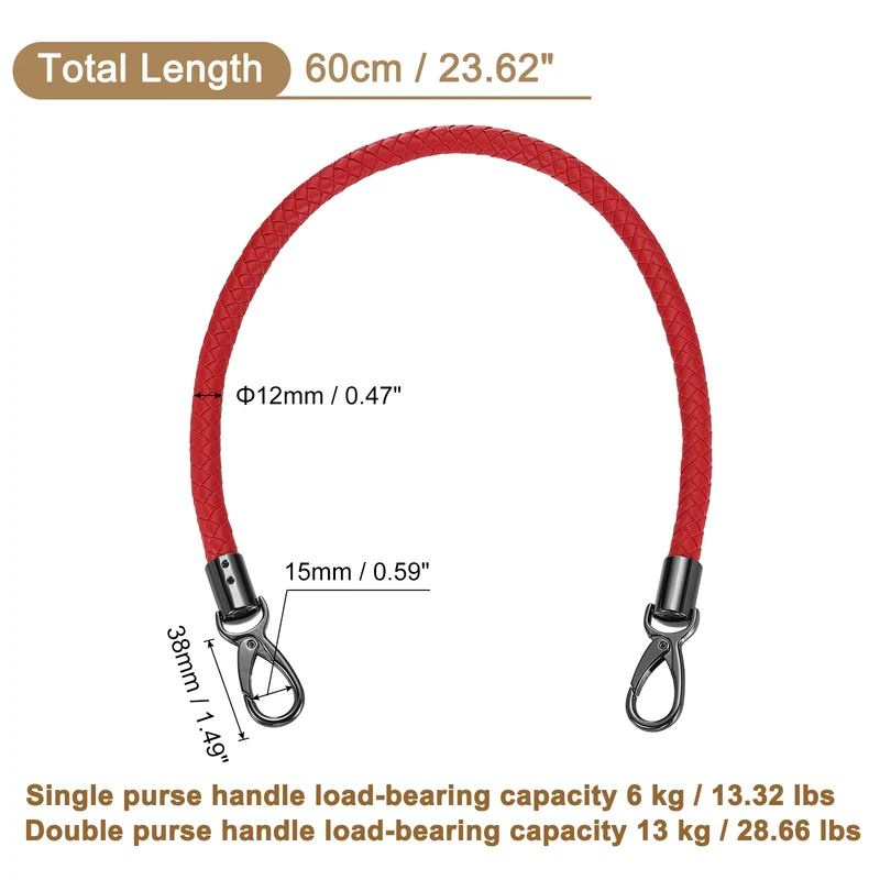 60cm Short Leather PU Braided Purse Replacement Handle - Red, Black