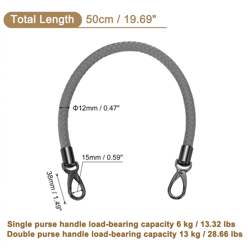 50cm Short Leather PU Braided Purse Replacement Handle - Dark Gray, Black