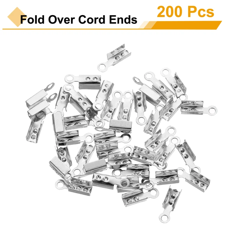 200 Pcs Fold Over Cord Ends, 10.2x2.5mm Ribbon Crimp Ends Cap (Silver)