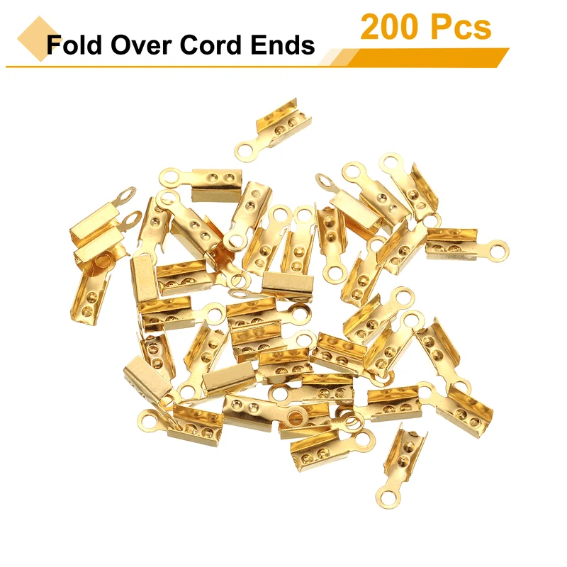 200 Pcs Fold Over Cord Ends, 10.2x2.5mm Ribbon Crimp Ends Cap (Light Gold)