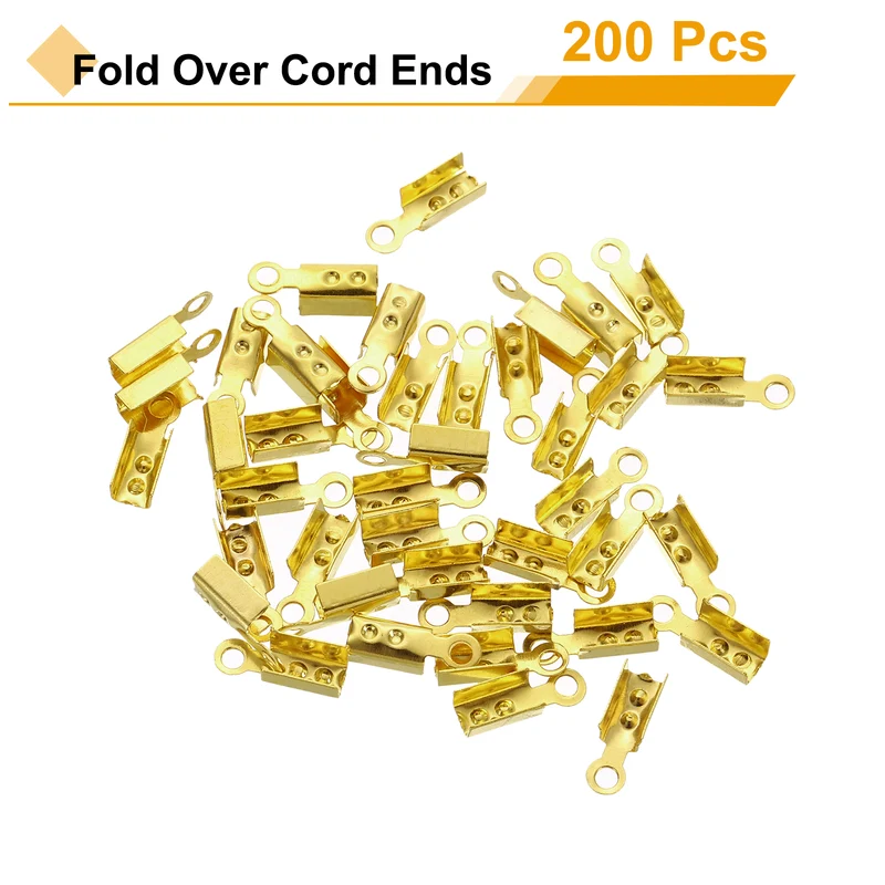 200 Pcs Fold Over Cord Ends, 10.2x2.5mm Ribbon Crimp Ends Cap (Gold)