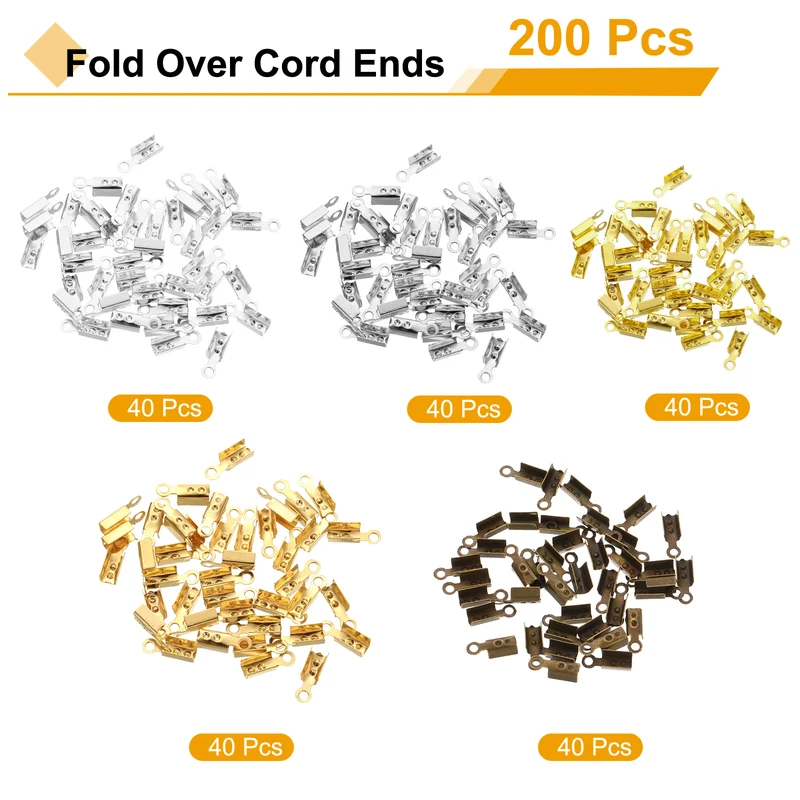 200 Pcs Fold Over Cord Ends, 10.2x2.5mm Ribbon Crimp Ends Cap (5 Colors)