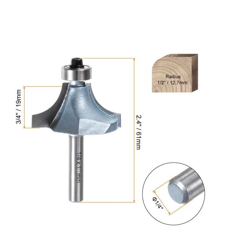 Roundover Router Bit 1/4 Shank 1/2" Radius Tungsten Steel Tip Light Blue