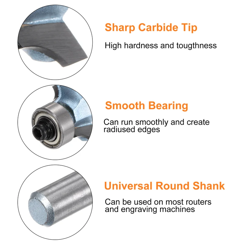 Roundover Router Bit 1/4 Shank 5/32" Radius Tungsten Steel Tip Light Blue