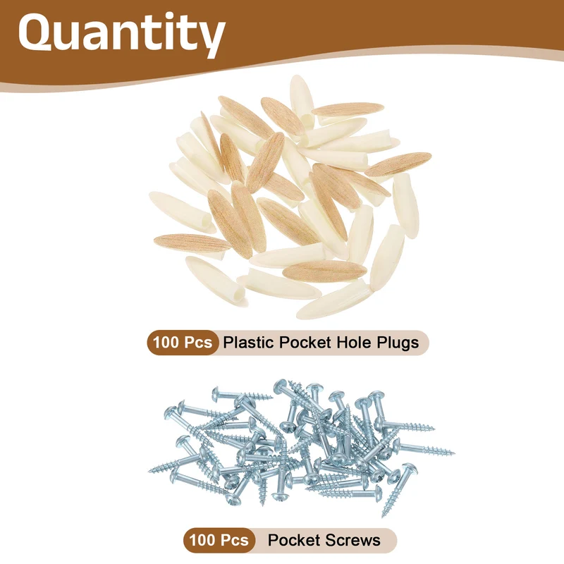 100Pcs 9mm Plastic Pocket Hole Plugs with Pocket Screws, Wood Grain Yellow