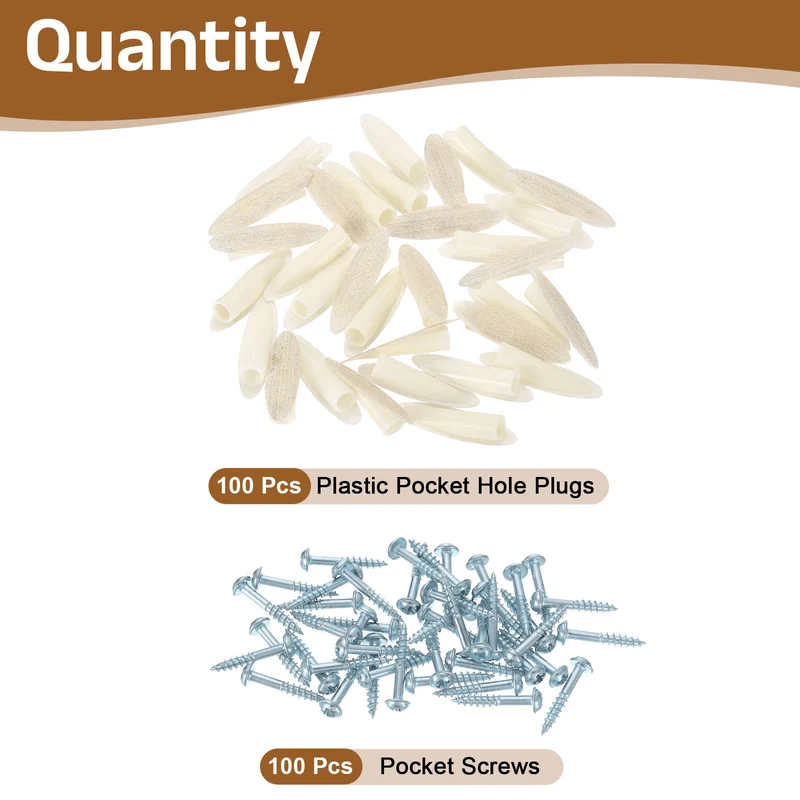 100Pcs 9mm Plastic Pocket Hole Plugs with Pocket Screws, Wood Grain White