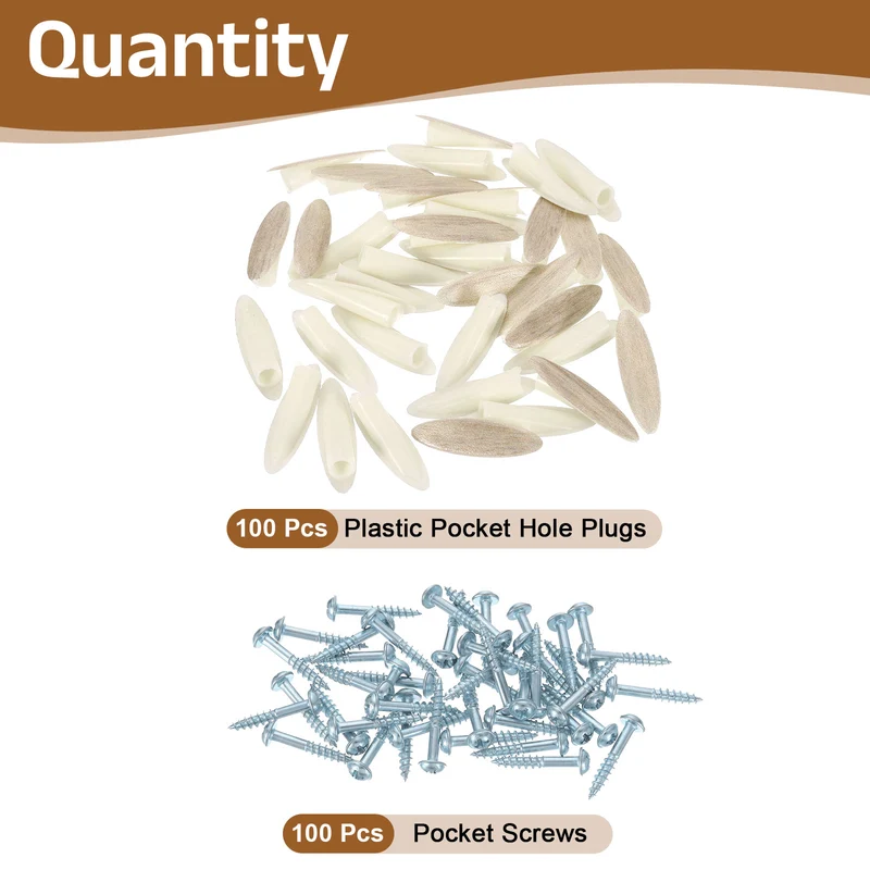 100Pcs 9mm Plastic Pocket Hole Plugs with Pocket Screws, Bright Wood Color