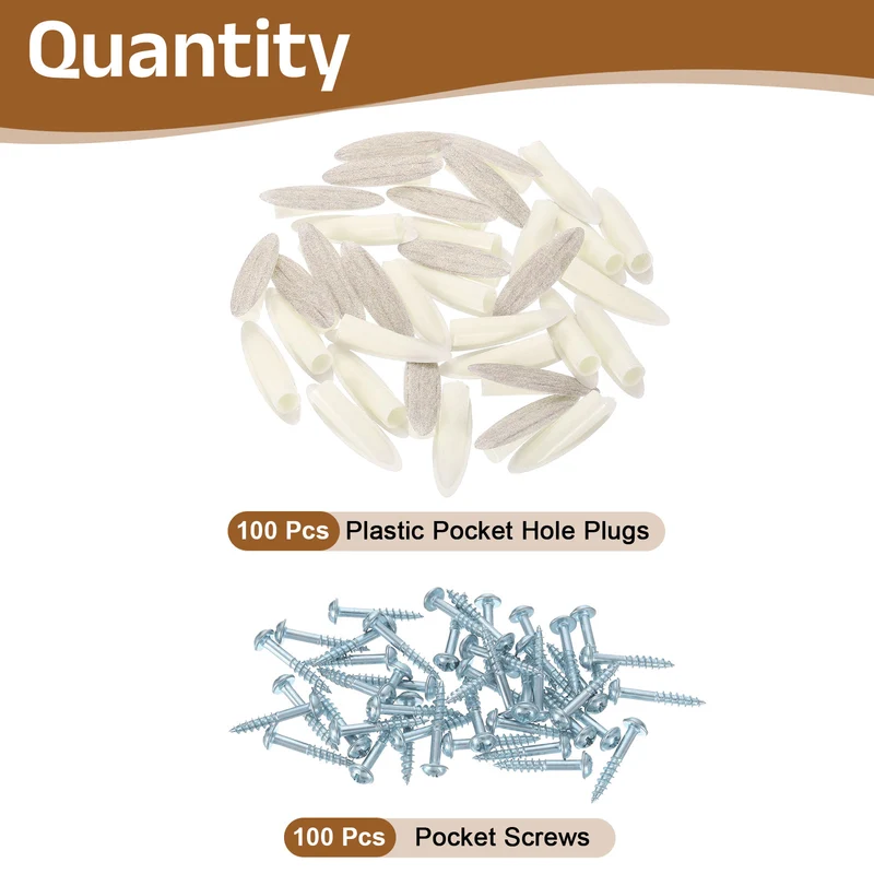 100Pcs 9mm Plastic Pocket Hole Plugs with Pocket Screws, White Oak