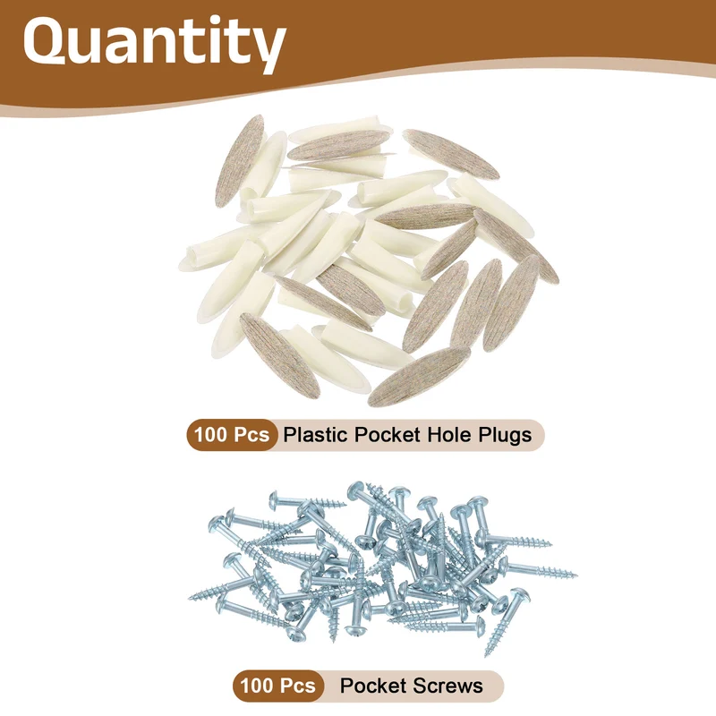100Pcs 9mm Plastic Pocket Hole Plugs with Pocket Screws, Brown Oak