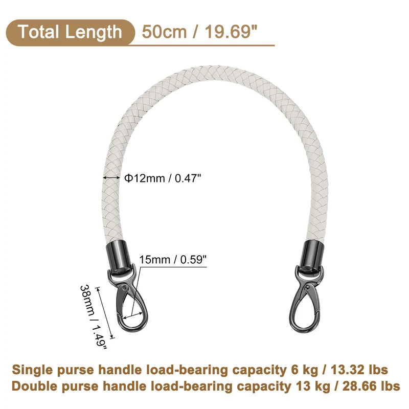 50cm Short Leather PU Braided Purse Replacement Handle - Light Gray, Black