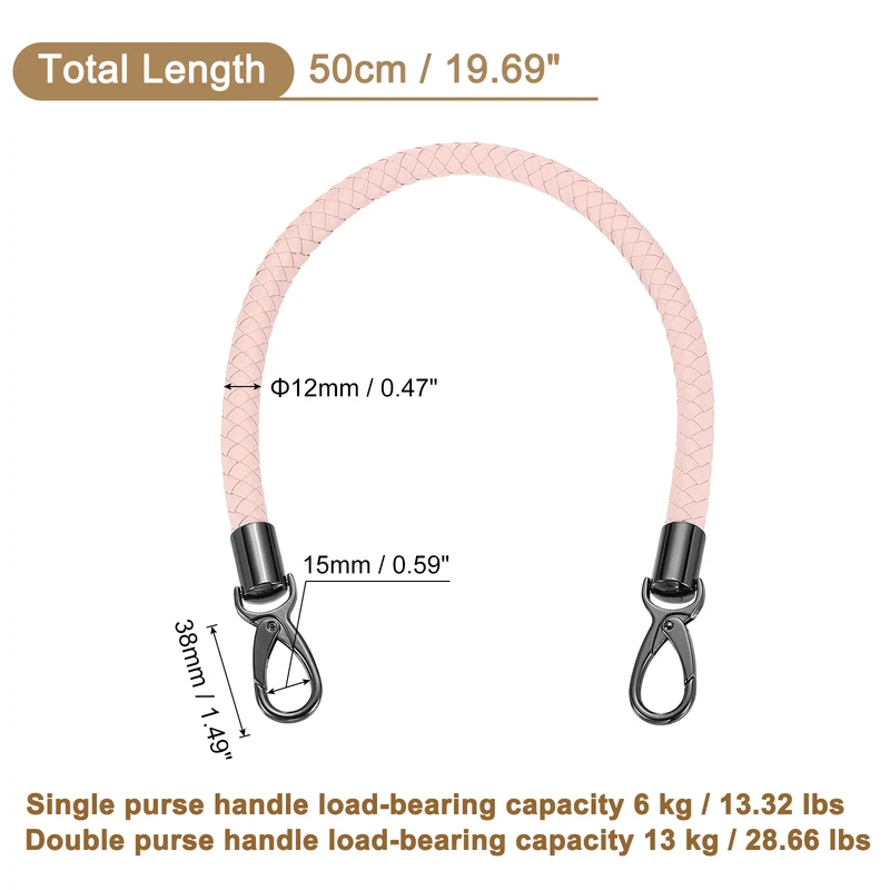 50cm Short Leather PU Braided Purse Replacement Handle - Pink, Black