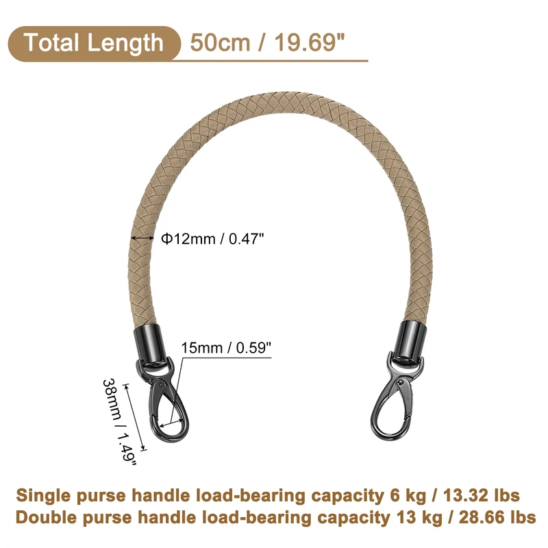 50cm Short Leather PU Braided Purse Replacement Handle - Grey Brown, Black