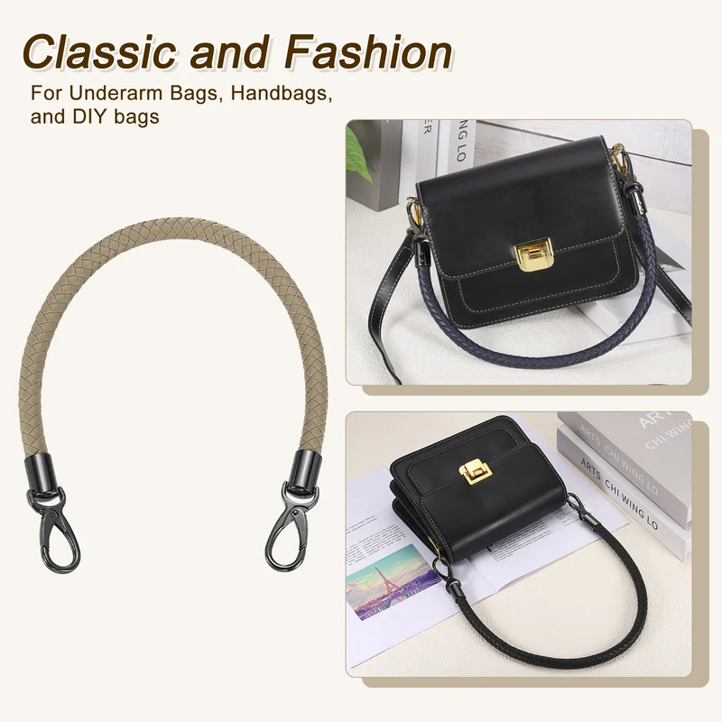 50cm Short Leather PU Braided Purse Replacement Handle - Grey Brown, Black