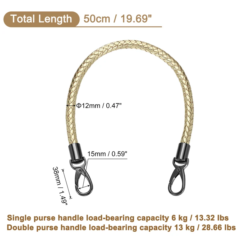 50cm Short Leather PU Braided Purse Replacement Handle - Light Gold, Black