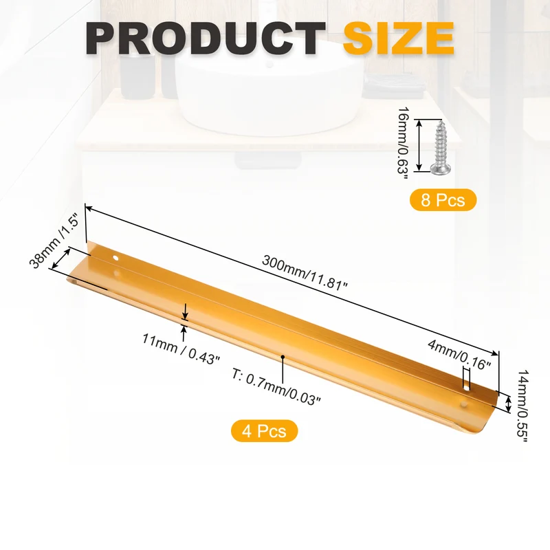 4Pcs 12 Inch Aluminum Alloy Finger Pulls for Cabinets Dresser Golden Tone