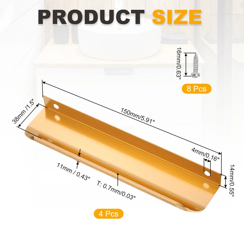4Pcs 6 Inch Aluminum Alloy Finger Pulls for Cabinets Dresser Golden Tone
