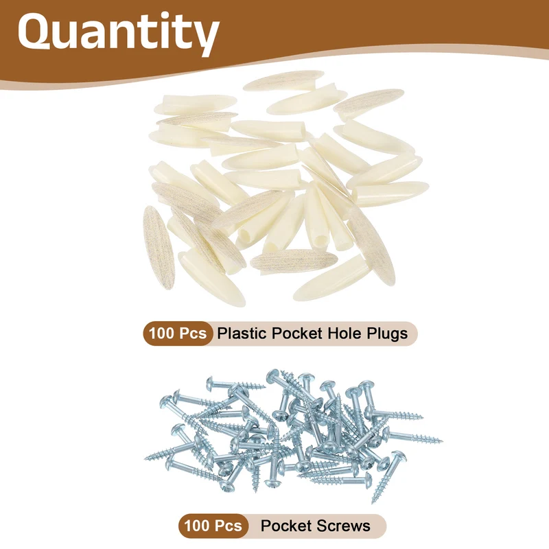 100Pcs 9mm Plastic Pocket Hole Plugs with Pocket Screws, Vertical Grain Beige