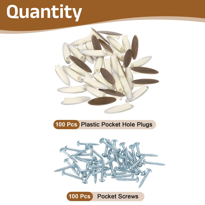 100Pcs 9mm Plastic Pocket Hole Plugs with Pocket Screws Brown Walnut