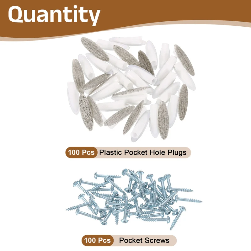 100Pcs 9mm Plastic Pocket Hole Plugs with Pocket Screws, Wood Grain Light Gray