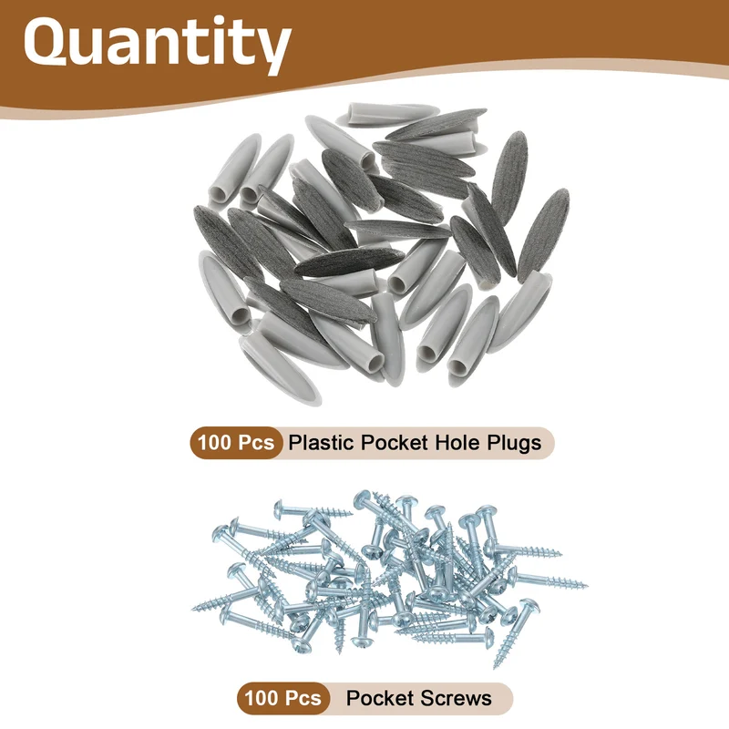 100Pcs 9mm Plastic Pocket Hole Plugs with Pocket Screws, Wood Grain Dark Gray