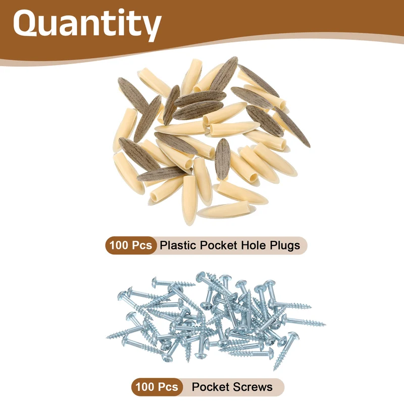 100Pcs 9mm Plastic Pocket Hole Plugs with Pocket Screws, Gray Texture