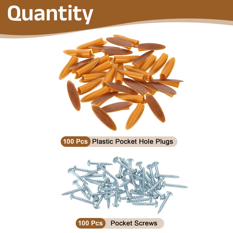 100Pcs 9mm Plastic Pocket Hole Plugs with Pocket Screws, Red Brown