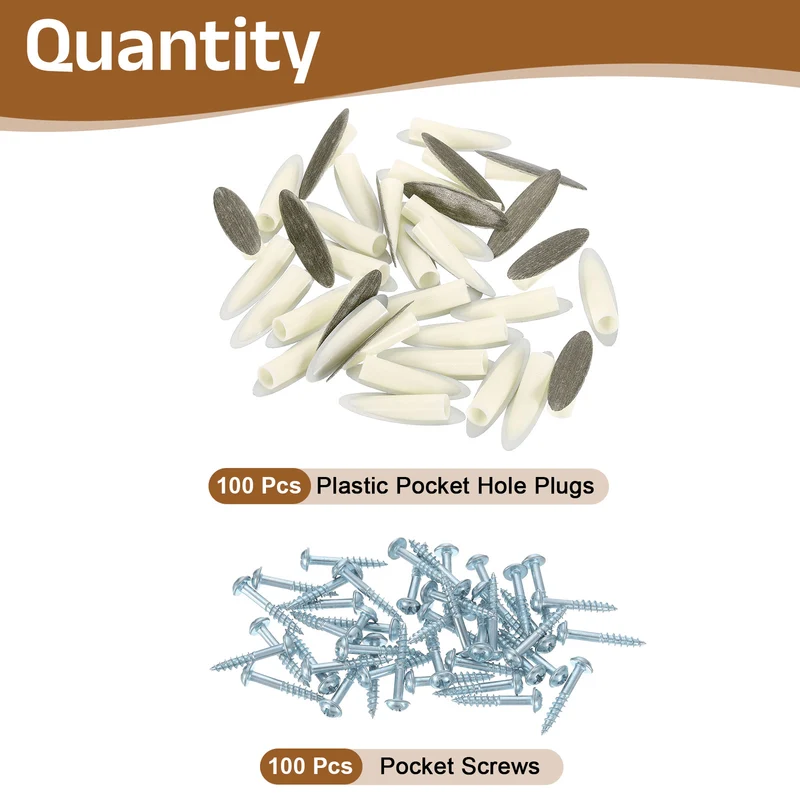 100Pcs 9mm Plastic Pocket Hole Plugs with Pocket Screws, Dark Gray/White